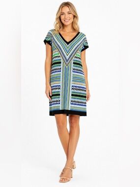 LONDON TIMES Geometric Print Vee Neck and Back Short Sleeve Mini Dress US Sz 12